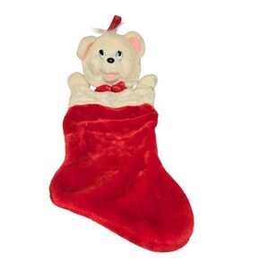 Vintage Kids Christmas Stocking Fun World White Teddy Bear Plush‎ Red 29"